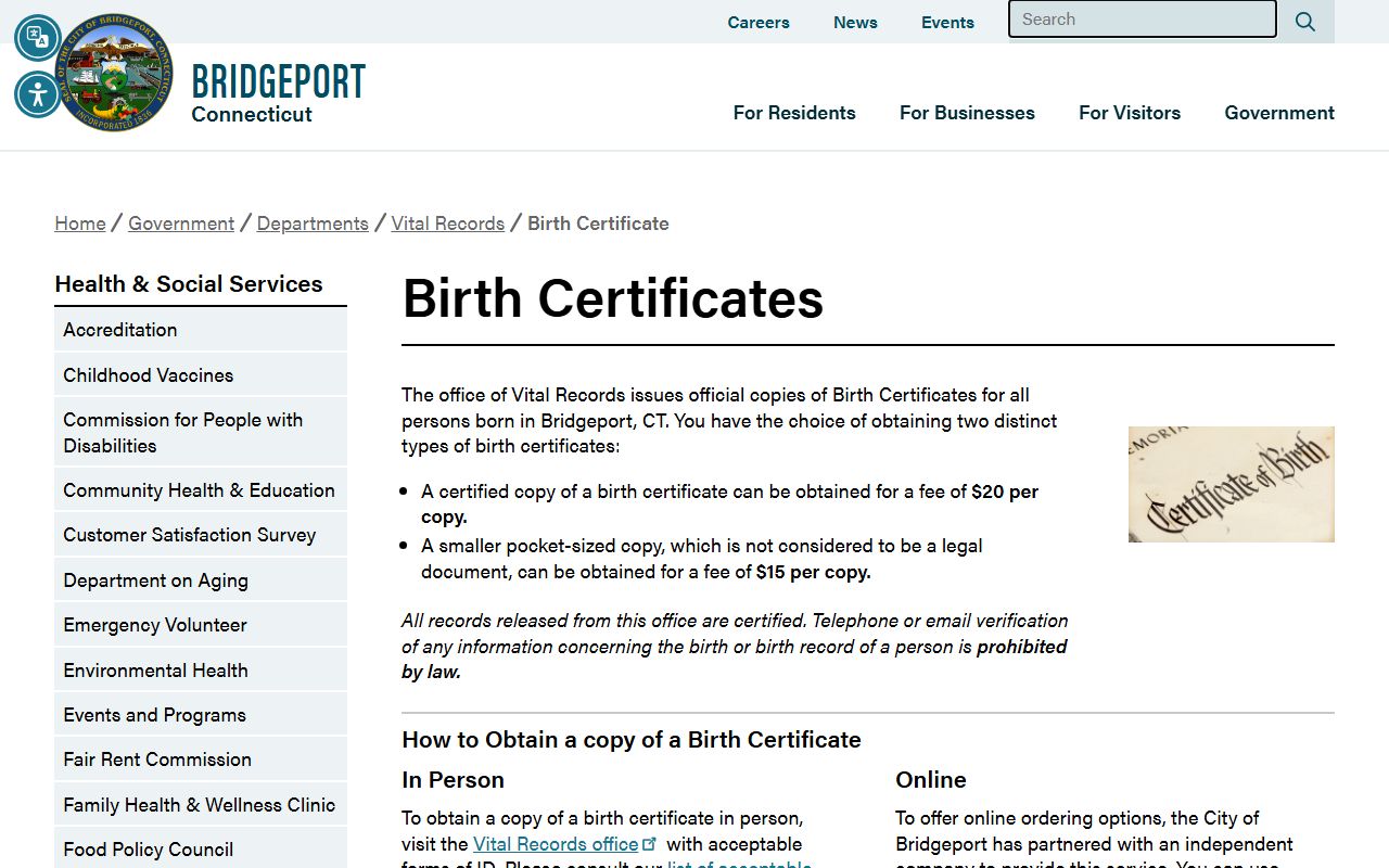 Bridgeport city clerk office providing birth certificate services