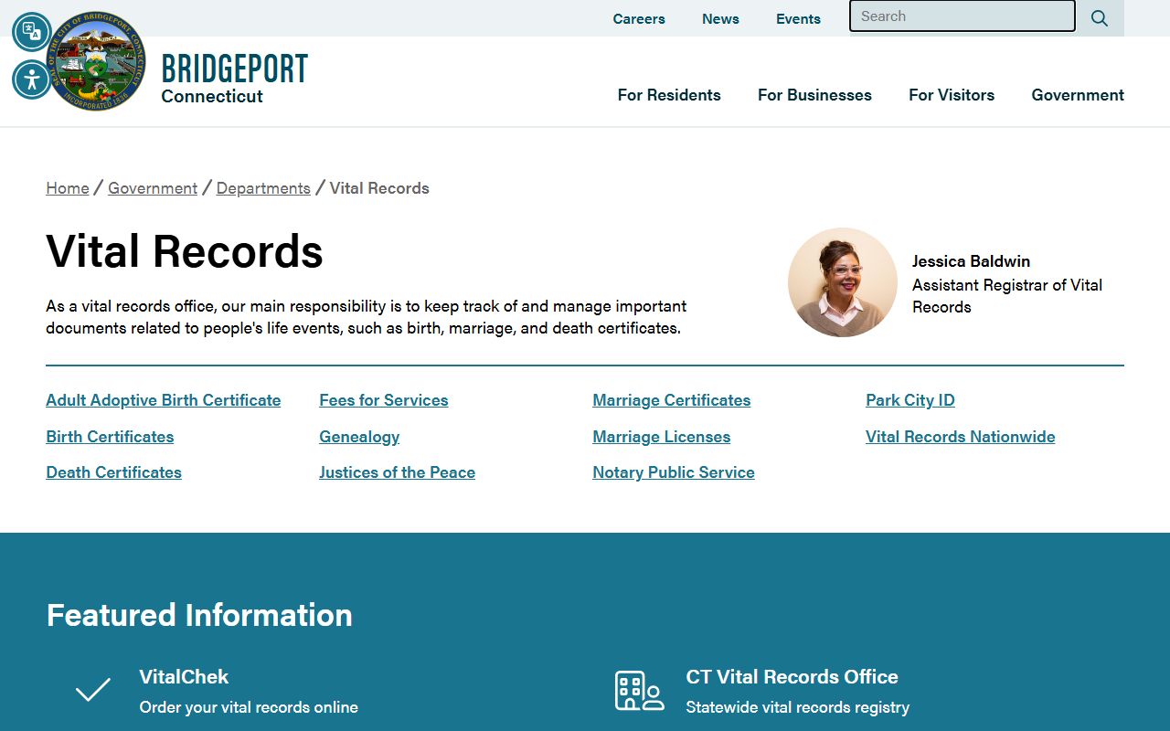 Bridgeport City Hall exterior where the Bureau of Vital Statistics is located for birth records