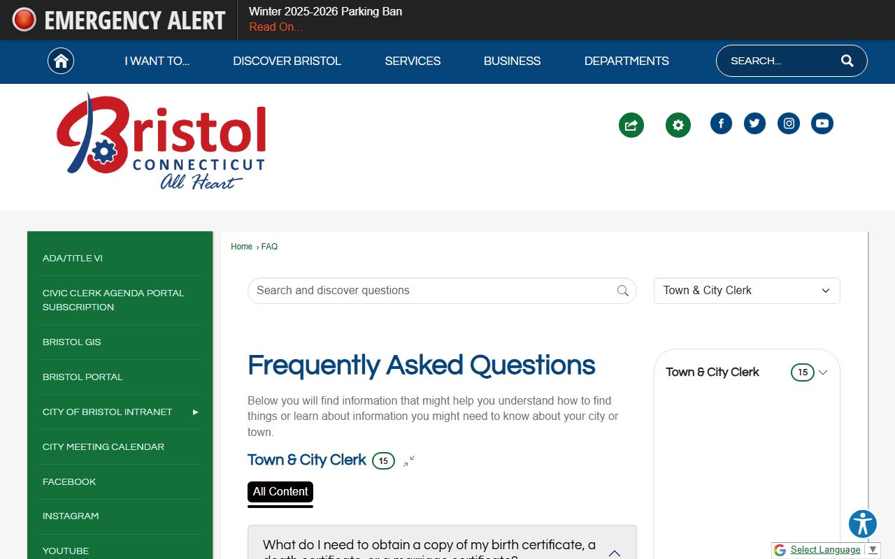 Bristol Town and City Clerk frequently asked questions about birth records