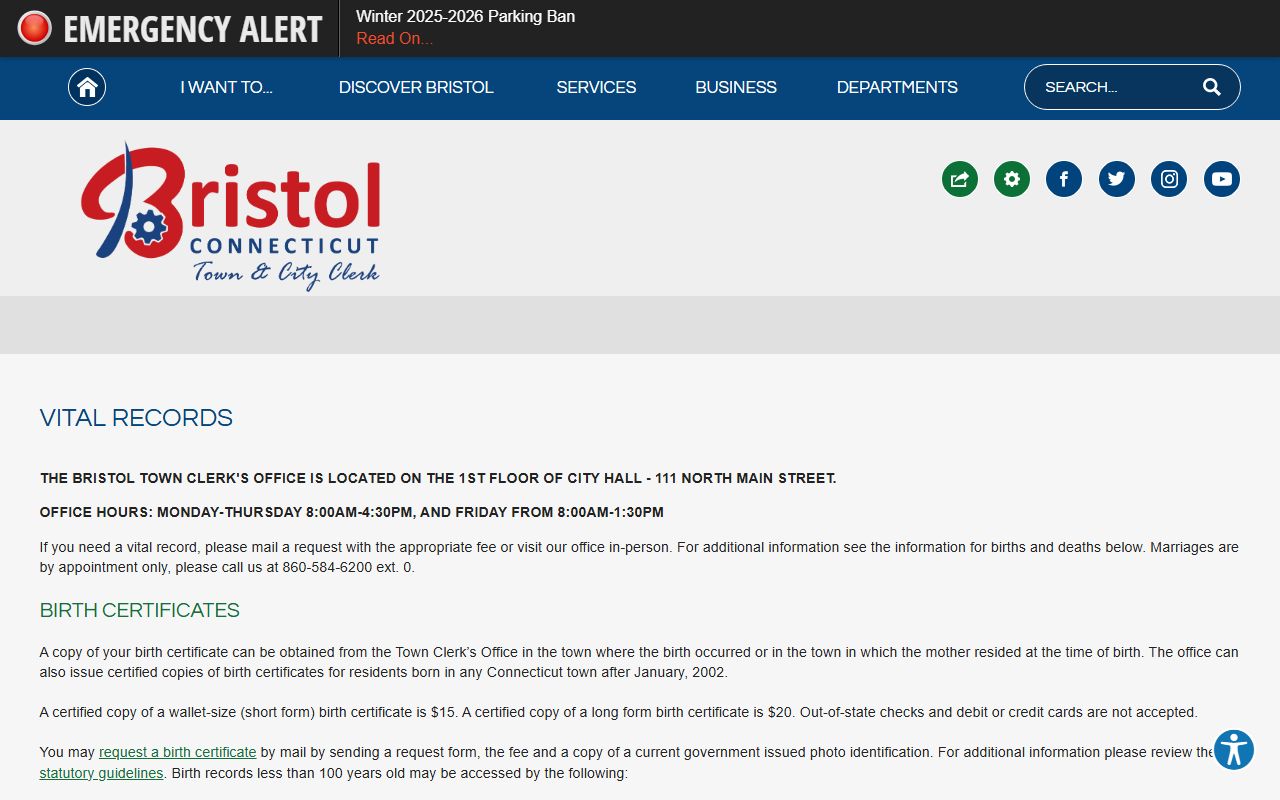 Bristol Town Clerk vital records page