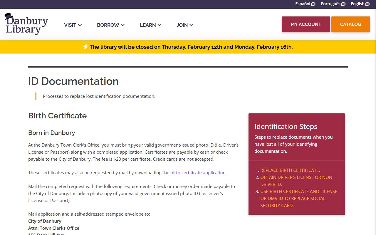ID documentation requirements for Danbury birth records requests