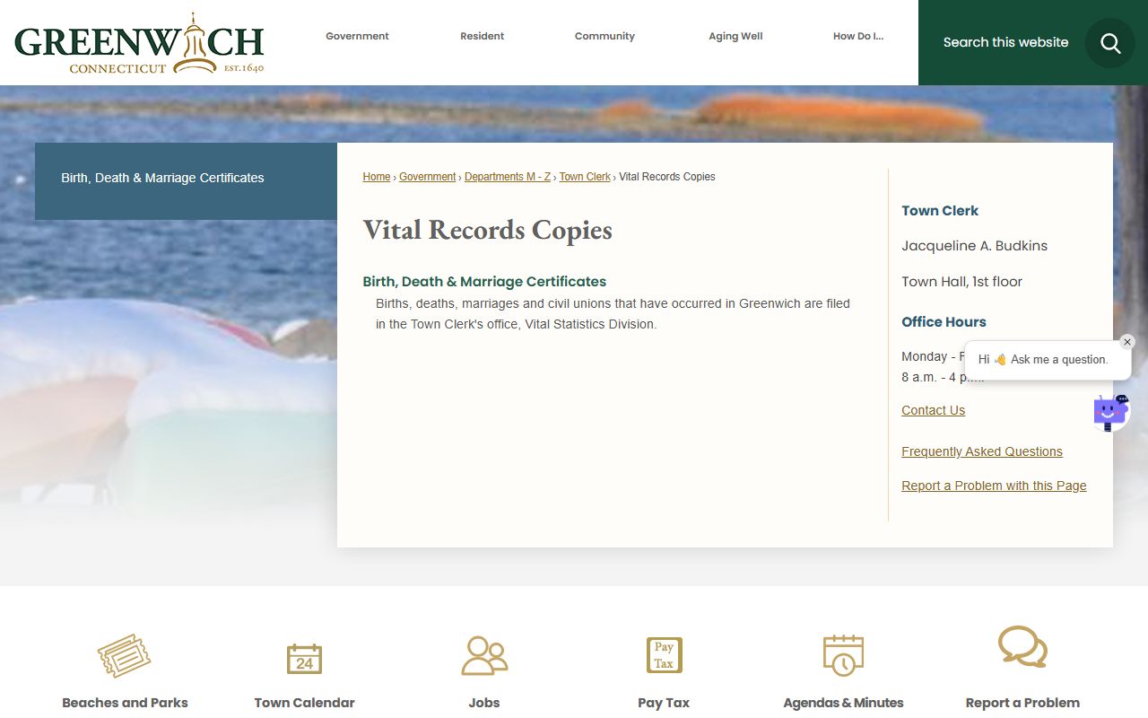 Greenwich Town Clerk office providing certified copies of vital records
