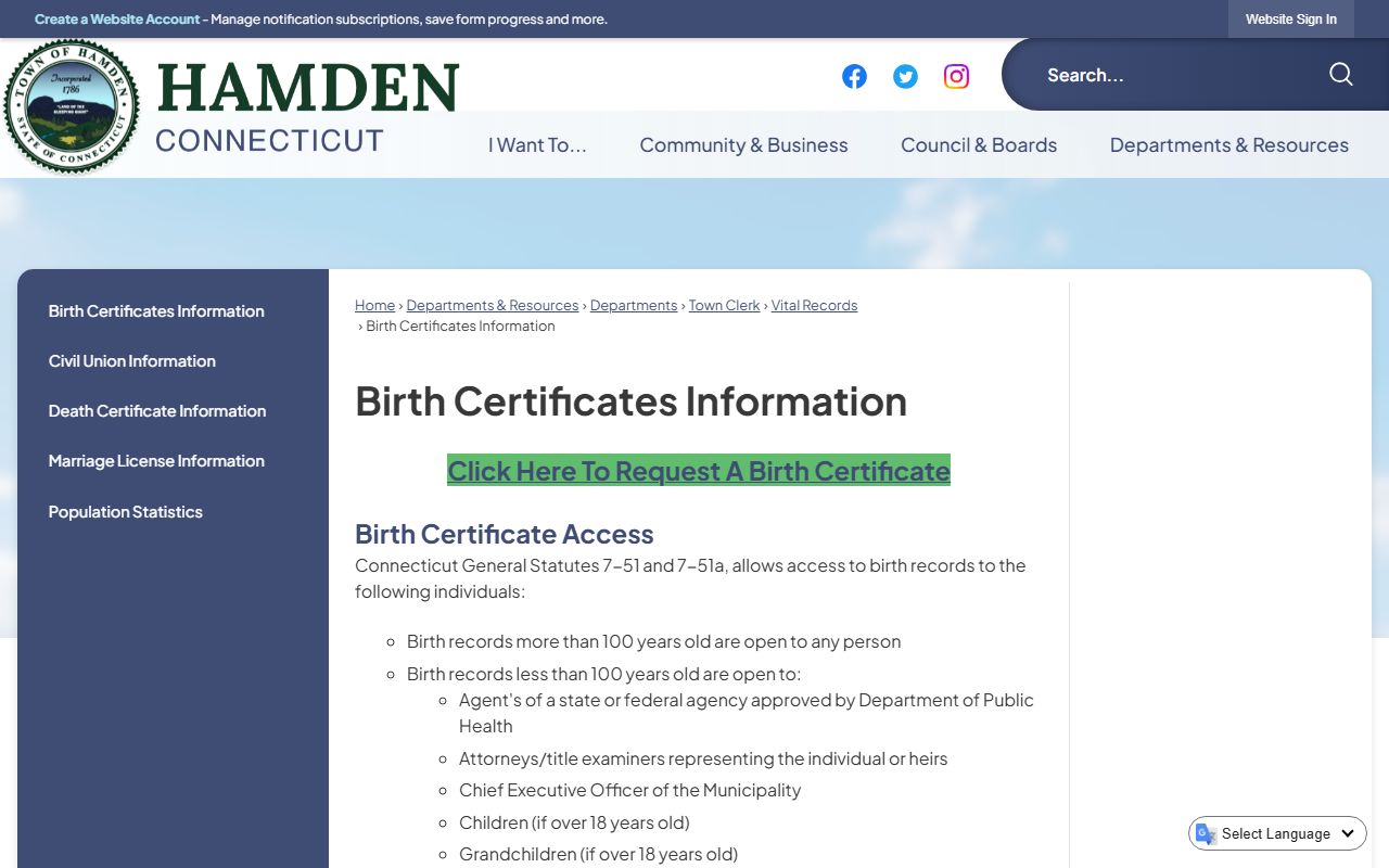 Hamden birth certificates information and application process