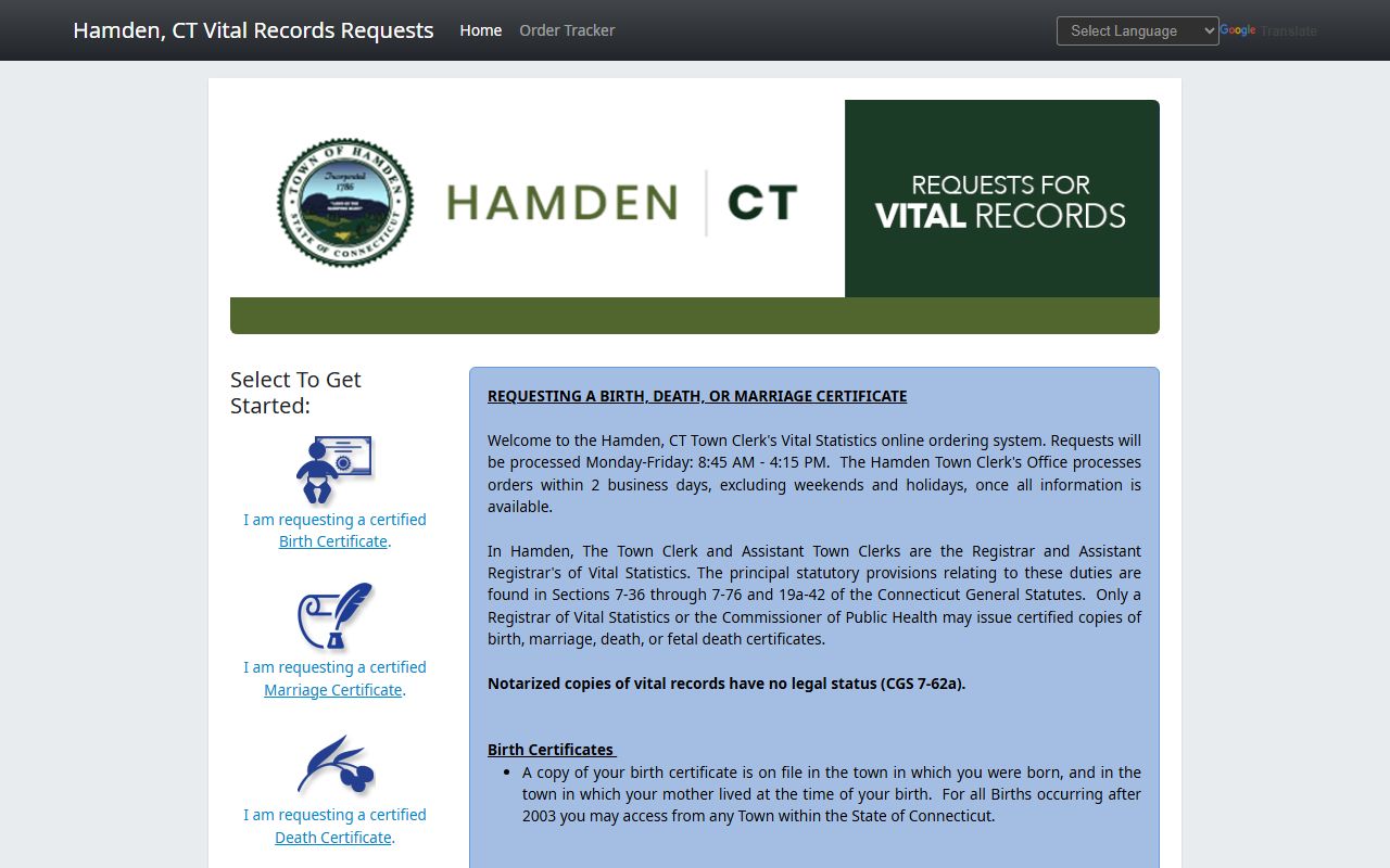 Permitium online portal for ordering Hamden birth certificates