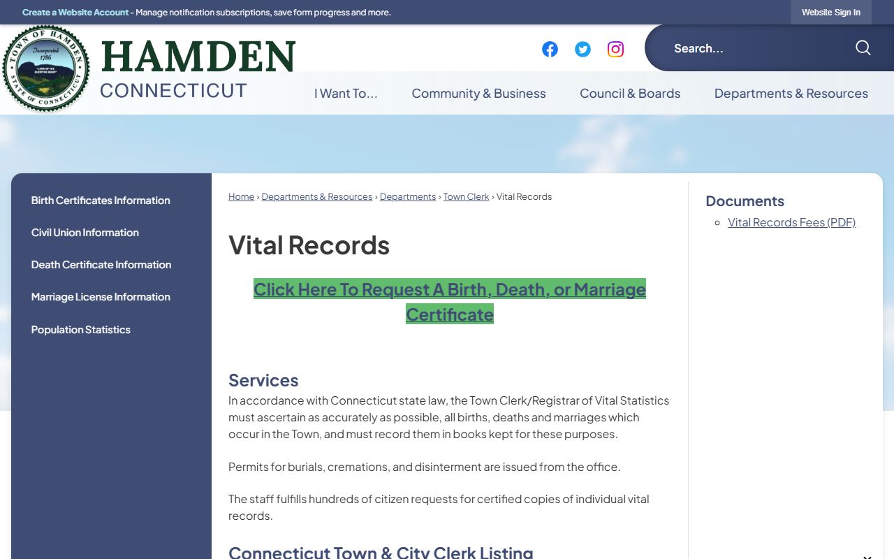 Hamden Town Clerk Vital Records office