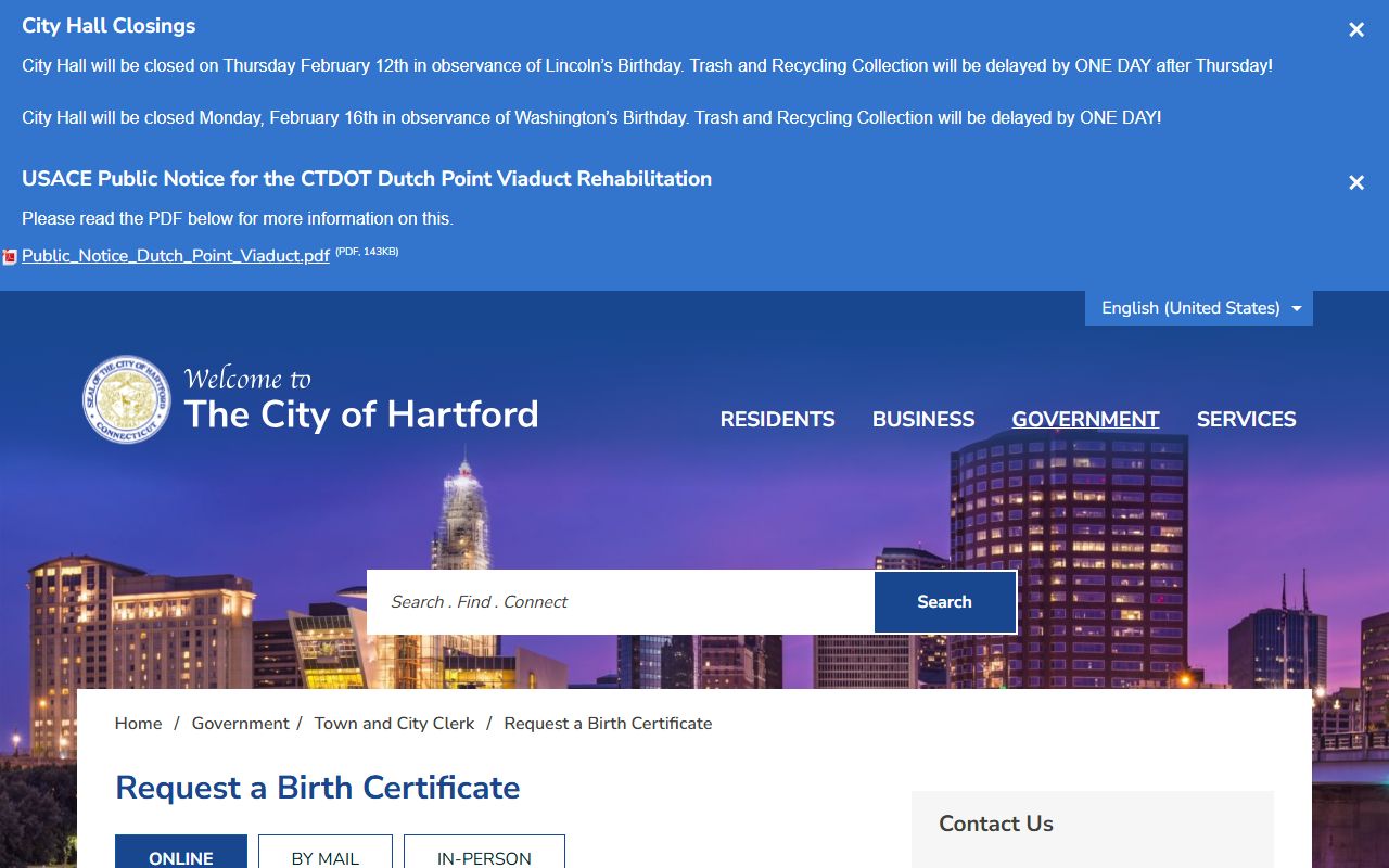Hartford City Clerk birth certificate information page