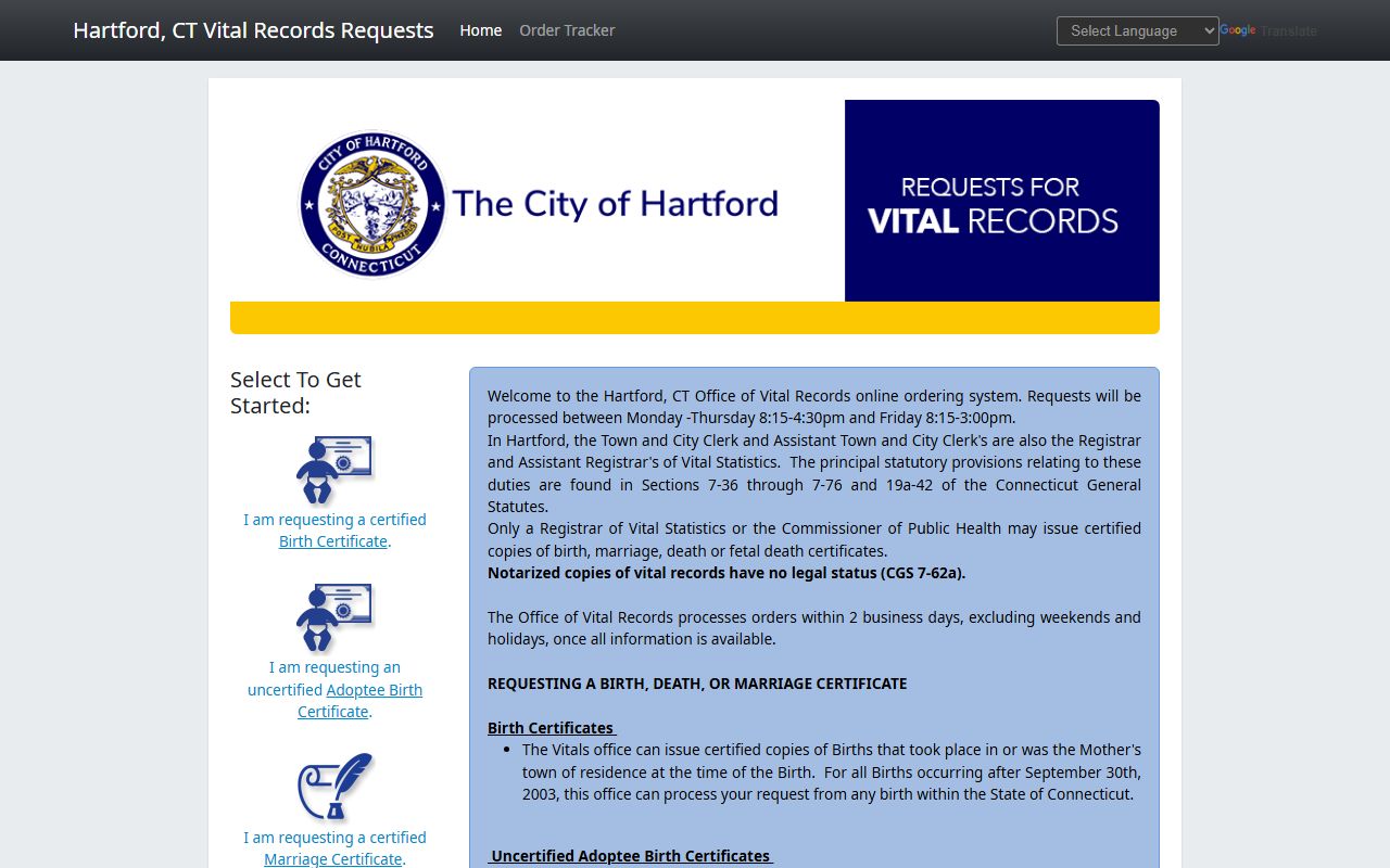 Hartford online birth certificate ordering portal