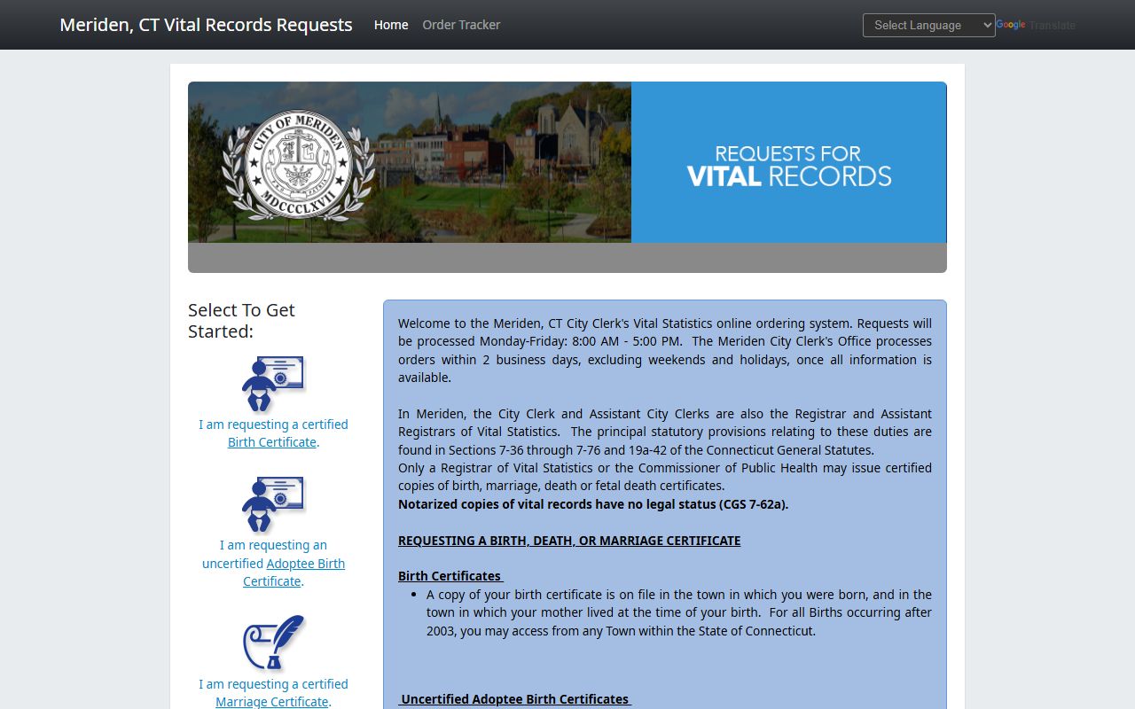 Meriden Permitium online portal for ordering birth records