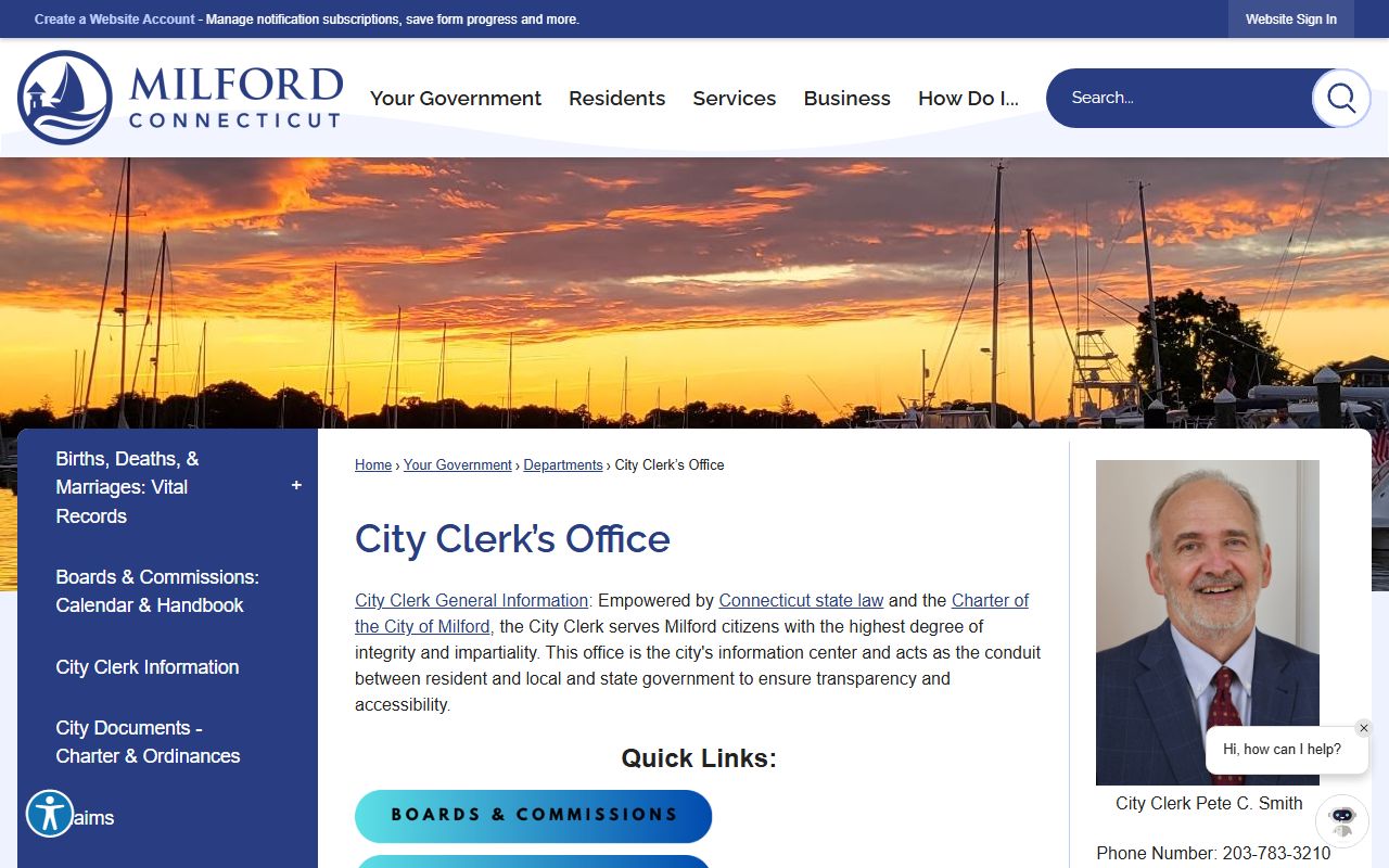 Milford City Clerk's Office exterior at Parsons Government Center for birth records