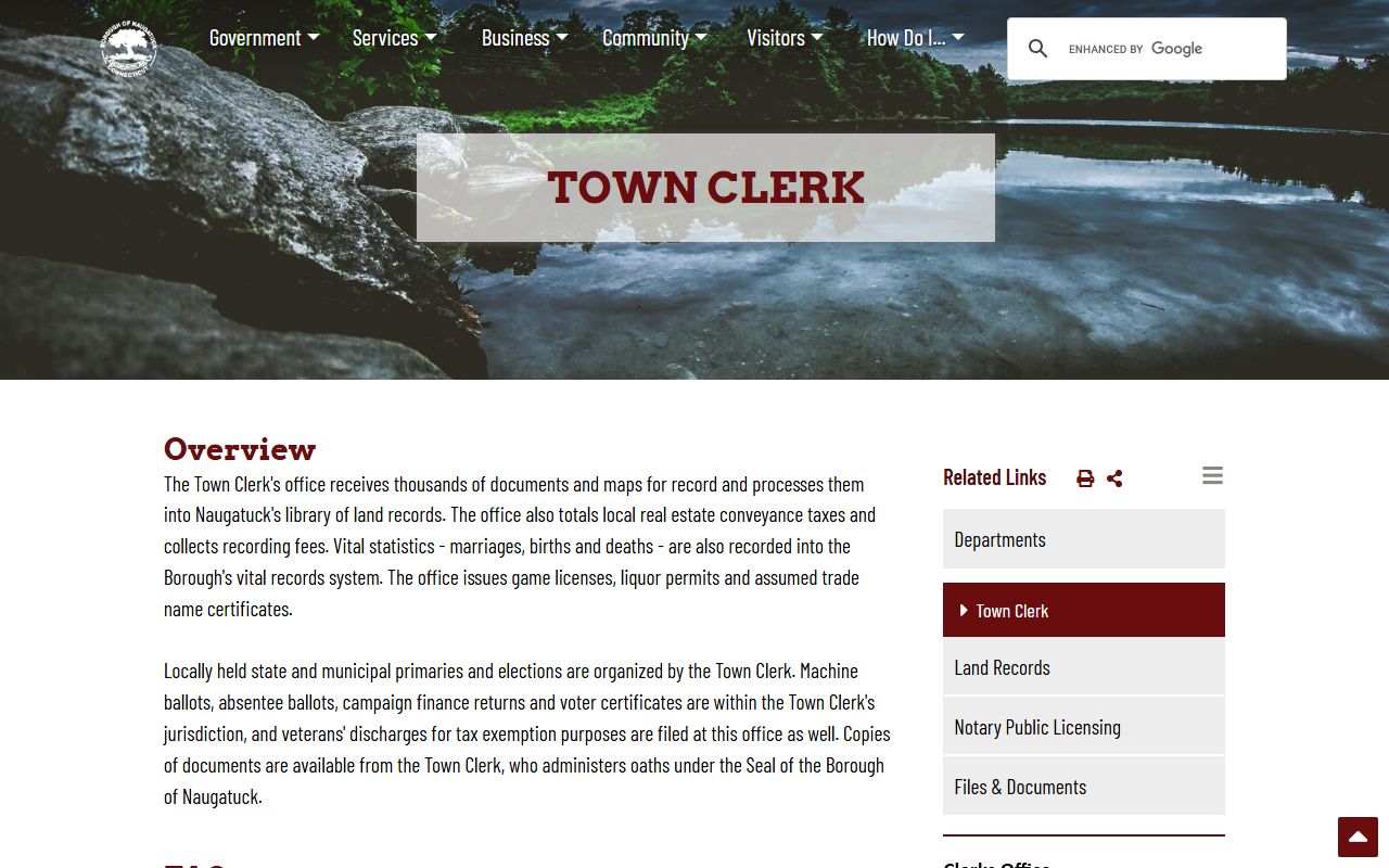 Naugatuck Town Clerk office exterior at Town Hall for birth records