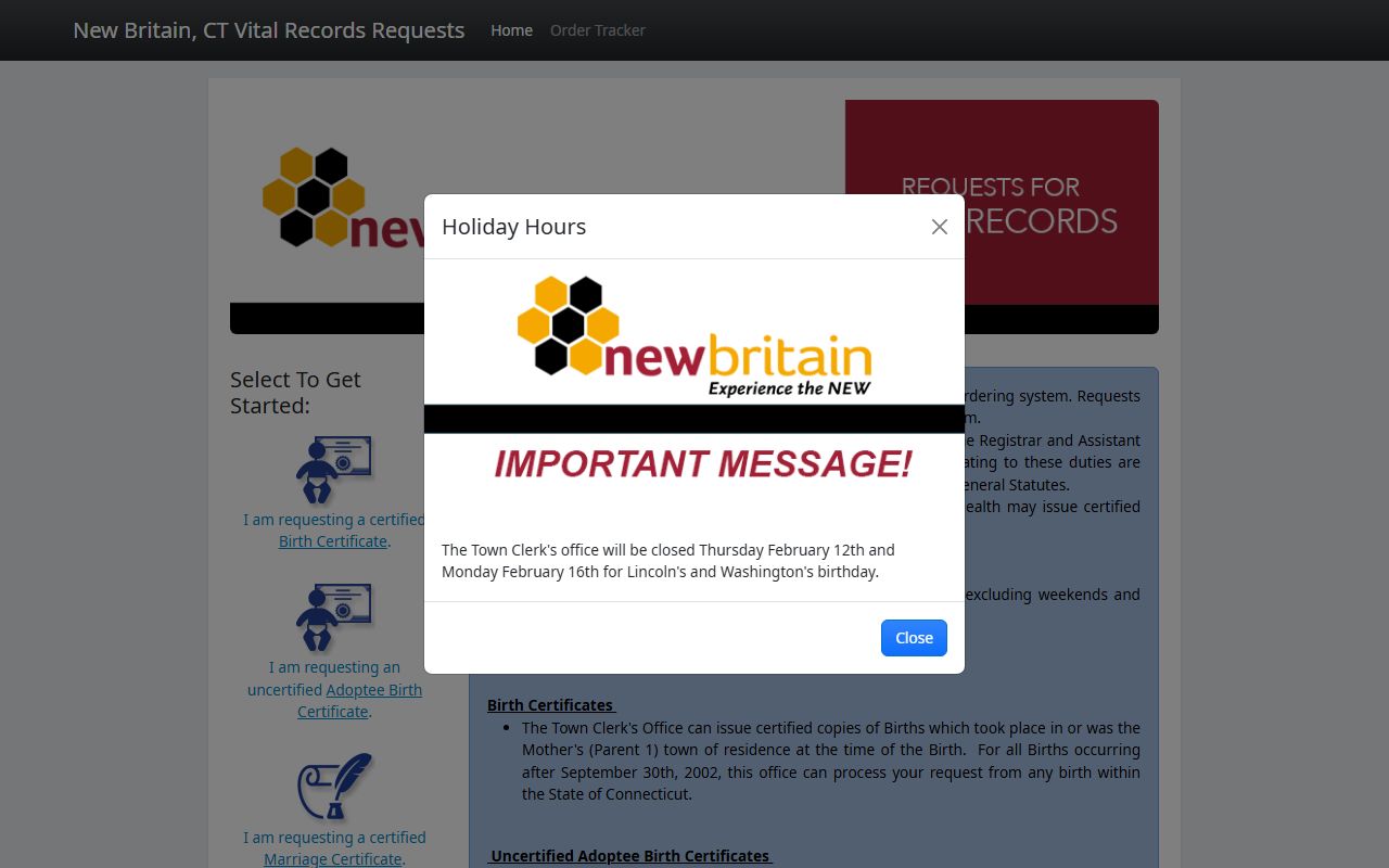 New Britain online birth records ordering portal