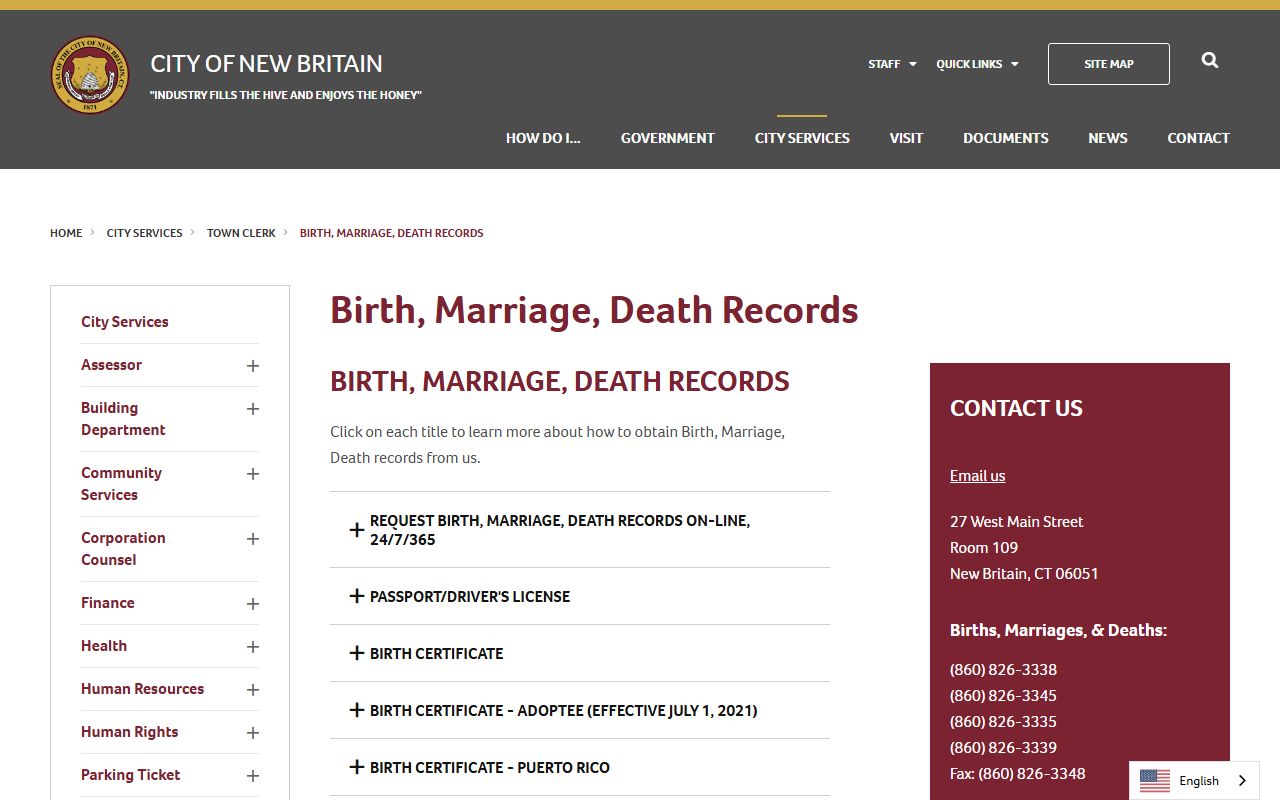 New Britain Town Clerk vital records services