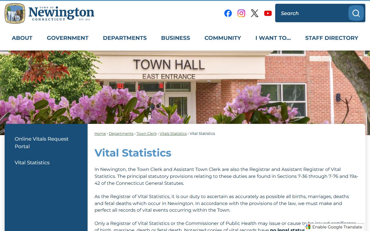 Newington Vital Statistics office information