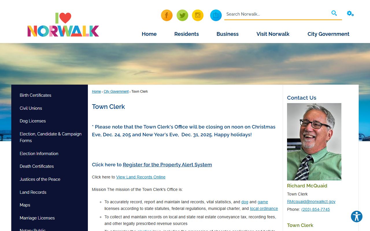 Norwalk Town Clerk office building exterior for birth records requests