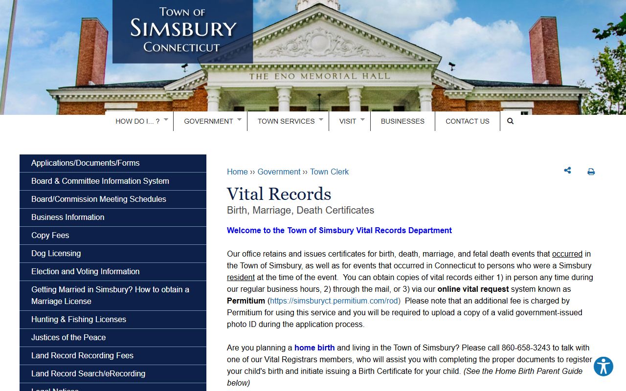 Simsbury Town Clerk office at Town Hall providing birth records services