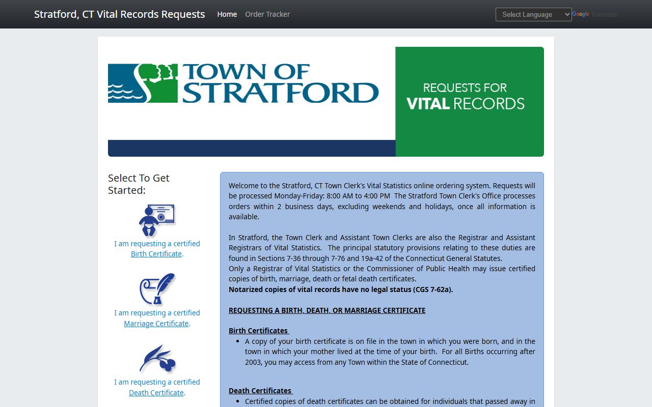 Stratford Town Clerk online portal for birth records requests