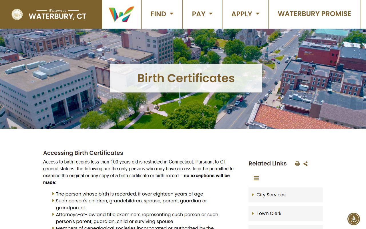 Waterbury birth certificates and application forms