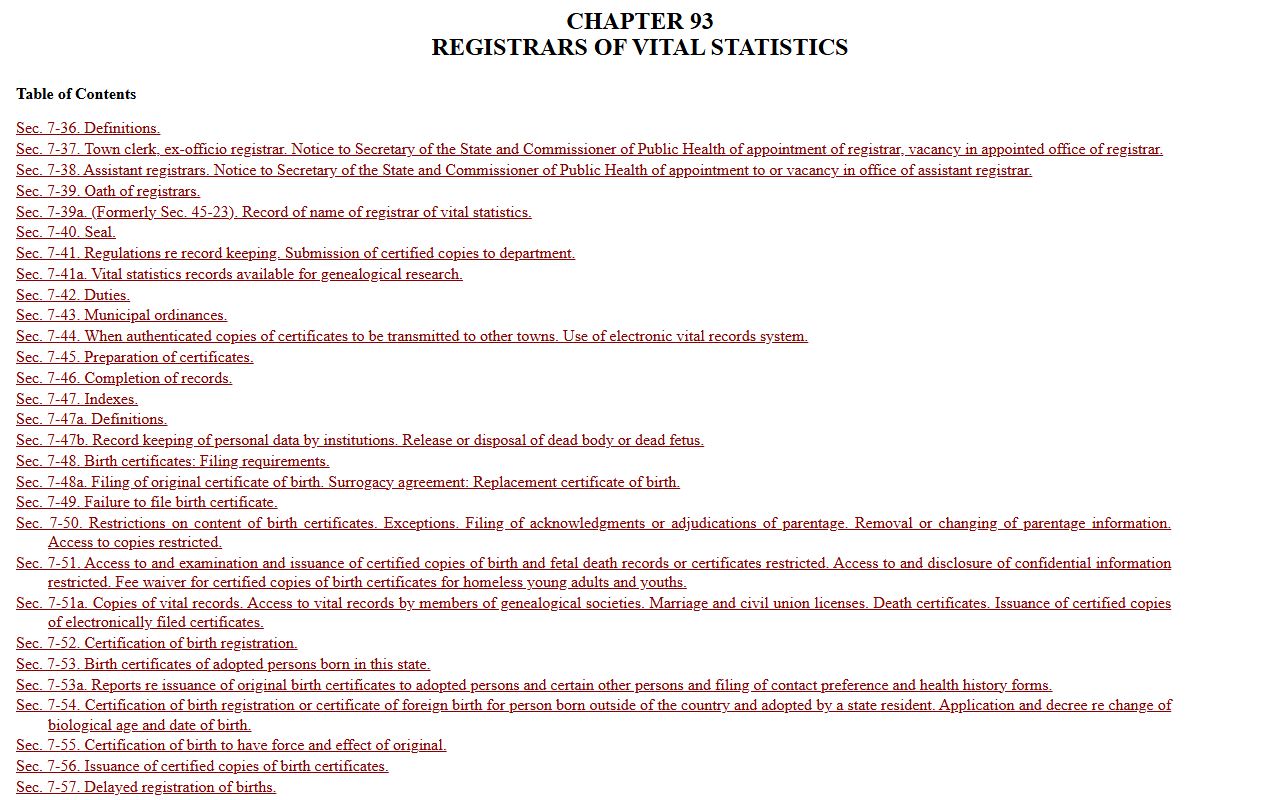 Connecticut General Statutes Chapter 93 regarding vital records access
