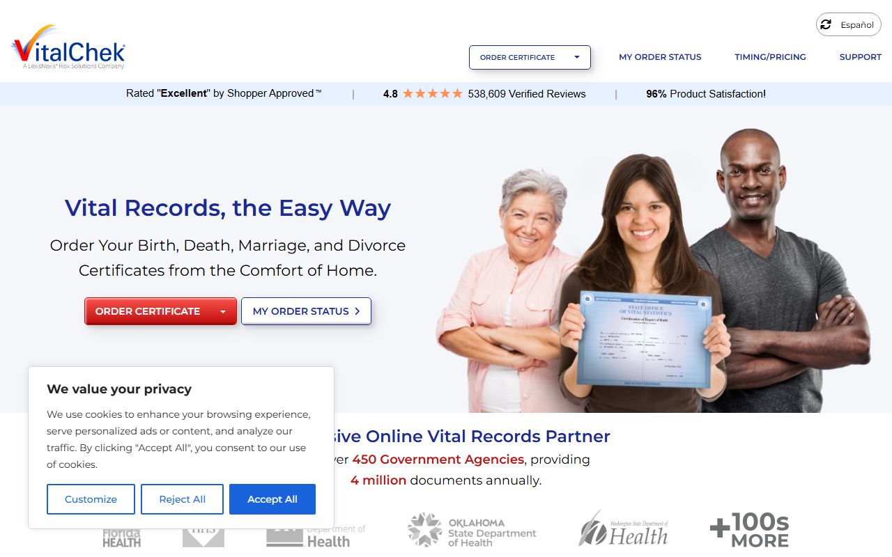 VitalChek website for ordering Connecticut birth certificates online